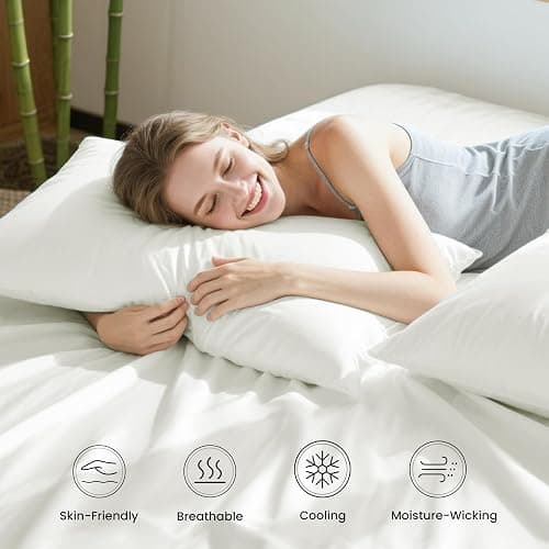 Love's cabin 6 Piece Queen Sheet Set, 100% Rayon Derived from Bamboo, Cooling & Breathable, Soft Silky Deep Pocket up to 16", Hotel Luxury Bedding for Hot Sleepers, White thumbnail 5
