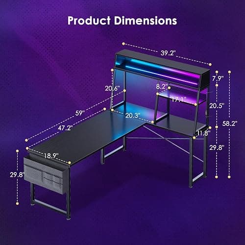 AODK L Shaped Gaming Desk with Led Lights, 59 Inch Reversible Gaming Computer Desk with Display Shelves, PC Gamer Desk Gamer Table with Storage Bag, L Desk for Game, Black thumbnail 3