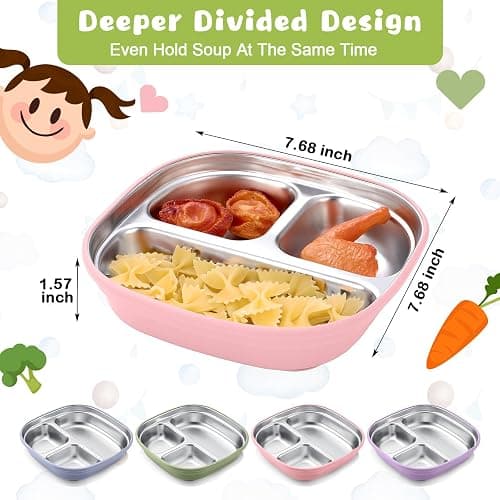 Geiserailie Square Stainless Steel Toddler Plates with Suction – 7.68” Divided Plates with Removable BPA-Free Silicone Sleeves, Unbreakable Baby Feeding Dishes Set of 4 (Pink,Green,Purple,Blue) thumbnail 3