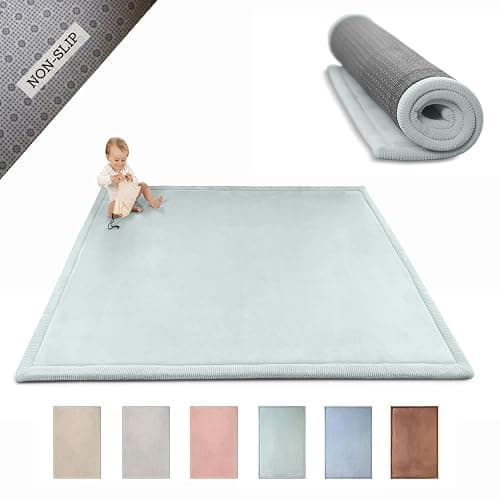Stylish Coral Velvet Baby Play Mat for Floor 60" x 80" Green – Soft 1" Thick High-Density Memory Foam Nursery Rug,Kids Rug with Non-Slip Backing for Crawling & Playing, Playroom Rug, Kids Carpet - Image 1