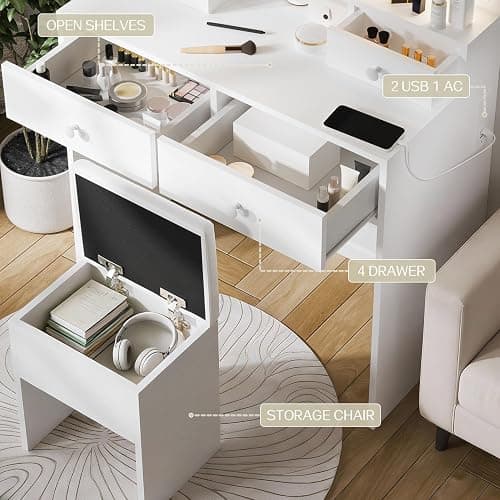 Haewon White Vanity Desk with Mirror and Power Outlet, Makeup Vanity with Adjustable Brightness and 3 Lighting Modes, Dressing Table Set with 4 Drawers, Storage Chair for Bedroom thumbnail 3