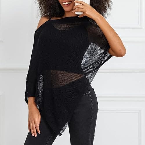 Women Sheer Poncho Top Knit Crochet Lightweight See Through Shawl Summer Shrug Beach Cover Up thumbnail 3