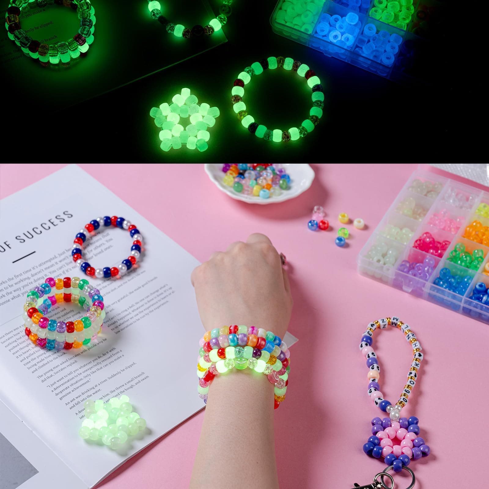SJZWSD 5 Boxes Bracelet Making Kit Pony Beads, Kandi Beads and Hair Beads Set with UV Color Change, Luminous in the Dark, Chrome and Alphabet Letters for Friendship Jewelry DIY Crafts thumbnail 5