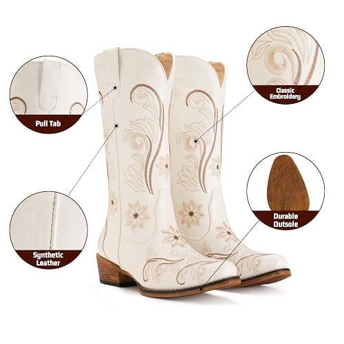IUV Cowboy Boots For Women Mid Calf Cowgirl Boots Embroidered Pull-On Tabs Snip Toe Boot thumbnail 3