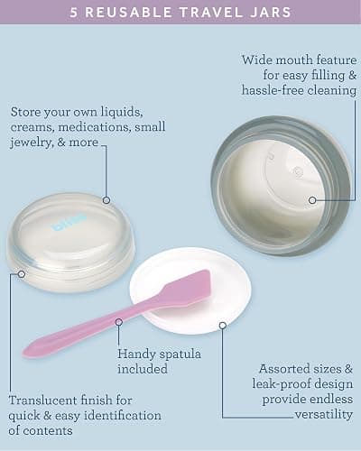 Bliss Travel Containers - 5 Pack Leak Proof Tapered Jar Set with Lid and Spatula - Small Travel Containers for Creams, Lotions, Vitamins, and Small Jewelry, Multi thumbnail 5