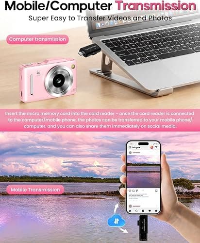 Digital Camera 4K for Kids-48MP Autofocus Vlogging Camera with 32GB Card, 16X Zoom, Anti-Shake, Compact Point and Shoot Camera for Teens Beginners, Birthday Gift Pink thumbnail 3