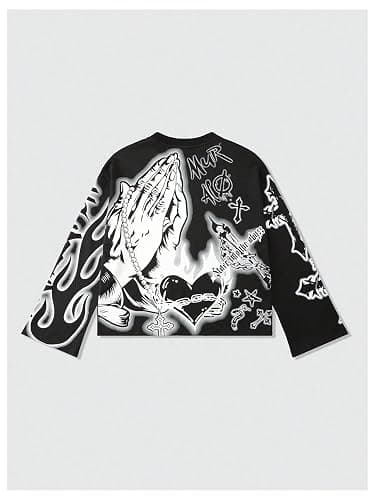 WDIRARA Men's Graphic Cross Print Long Sleeve Sweatshirts Crew Neck Pullover Tops Streetwear thumbnail 2