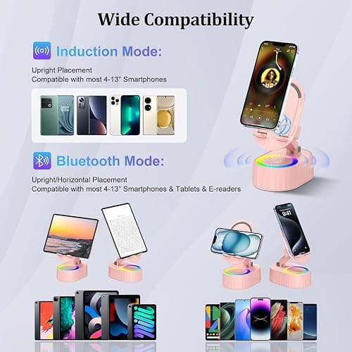 AKLLCCR Wireless Induction Audio Bluetooth Speaker 5in1 Phone Holder Emergency Rechargeable (3000mAh) with Colorful Ambient Light 300° Foldable for Tablet iPhone Android, Womens Birthday Gifts(Pink) thumbnail 4