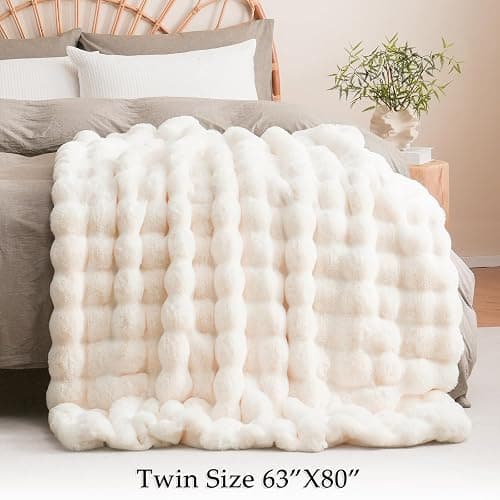 BENVWE Faux Fur Throw Blanket for Couch Bed - Fluffy Soft Thick Bubble Blanket for Living Room Home Decor - Mothers Day Birthday Gifts for Women, Cream White, 63" x 80" thumbnail 8