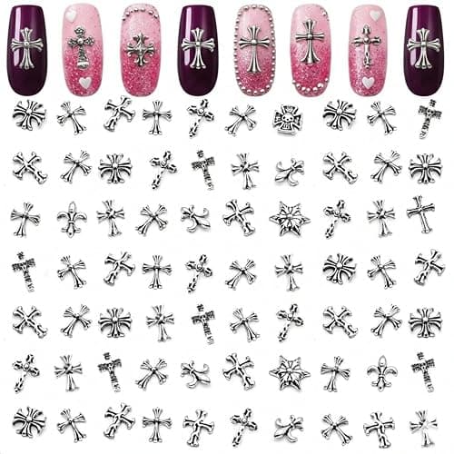 120 Pcs Silver Cross Nail Charms, 3D Acrylic, for Press-On & Gel | Silver Nail Charms in 8 Gothic Styles; Curved Back for Secure Fit; for Acrylic Nails; for Y2K & Punk Manicure, DIY Jewelry - Image 1