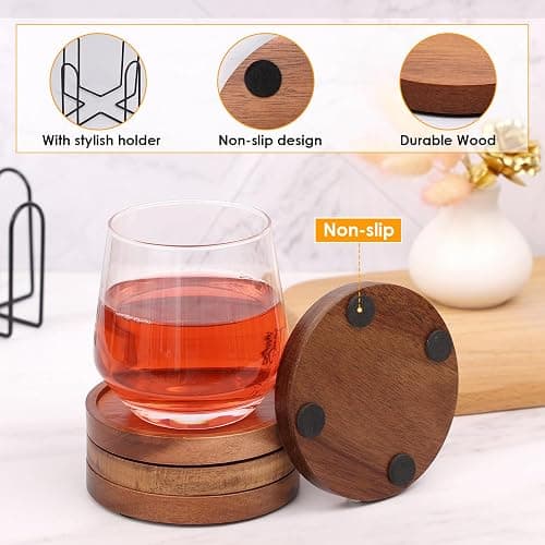 4 Pcs Wood Coasters for Drinks Absorbent, Wooden Coasters with Holder, Drink Coasters for Coffee Table, Absorbent Coaster Set for Table Protection Drink Coasters for Farmhouse, Office, Bar thumbnail 5