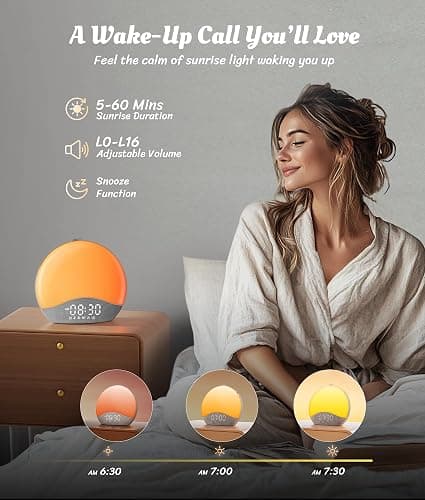 ecozy Sunrise Alarm Clock, White Noise Sound Machine, Upgraded Backlit Buttons for Bedrooms, 26 Soothing Sounds, 17 Night Lights, Bluetooth Speaker, Wake Up Sunlight for Heavy Sleepers, Adults, Kids thumbnail 3