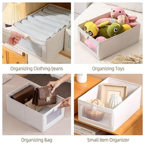 Pradnel Linen Closet Organizers And Storage, 4 Pack Storage Bins Baskets for Organization Foldable Organizer with Clear Window Organizing Clothing, Jeans, Shelves thumbnail 6