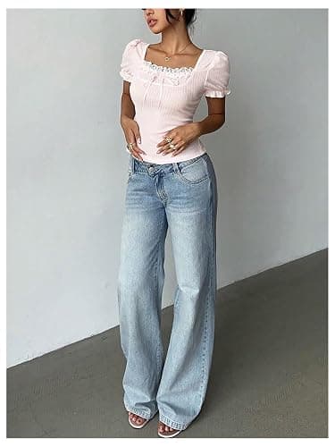SOLY HUX Women's Cute Lace Puff Sleeve Tops Y2k Tie Front Square Neck Ribbed Knit Coquette T Shirts thumbnail 5