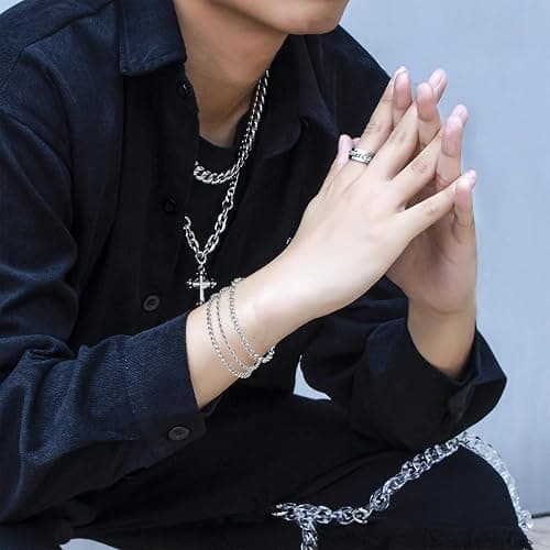 NEWITIN 15 Pieces Silver Jewelry Set for Men Stainless Steel Cuban Link Necklace Bracelet Cross Pendant Necklace Vintage Ring Cuban Jewelry Set for Men Women thumbnail 5