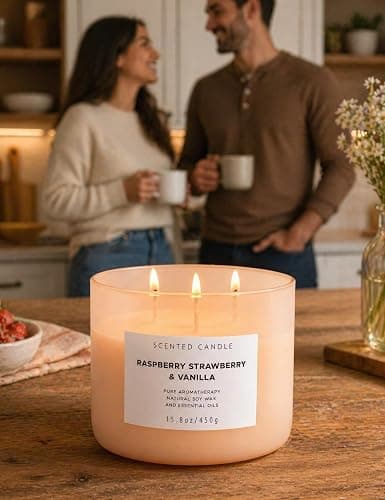 Raspberry Strawberry Vanilla 3-Wick Scented Soy Candle 15.8 oz | Large Sweet Berry Vanilla Scented Candle for Home | Relaxing Aromatherapy Candle | Strong Throw & Long Lasting thumbnail 3