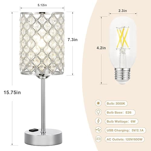 Hong-in Crystal Table Lamp, Crystal Lamp Touch Control with USB-C USB-A Charging Ports & AC Outlets, 3 Way Dimmable Bedside Lamp-Nightstand Lamp Modern Light for Bedroom, Living Room, Bulb Included thumbnail 4