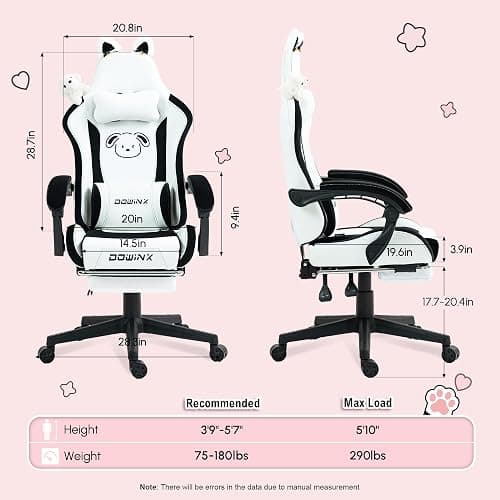 Dowinx Gaming Chair Cute with Plush Doggy and Massage Lumbar Support, Ergonomic Computer Chair for Girl with Footrest and Headrest, Comfortable Game Chair 290lbs for Adult, Teen, Black and White thumbnail 2