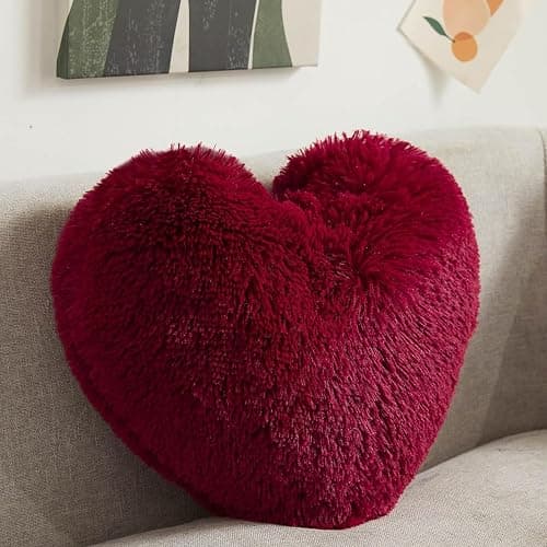 MorroMorn Fluffy Heart Throw Pillows, Shaggy Decorative Pillow for Sofa Couch Bed, Cute Room Decor Decorations for Women Girls Kids (Dark Red) - Image 1