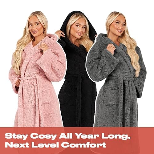 OHS Womens Dressing Gowns Teddy Fleece, Warm Cosy Fluffy Dressing Gown Bathrobes Women Hooded Luxury Oversized Ladies Mens Dressing Gown, One Size thumbnail 7