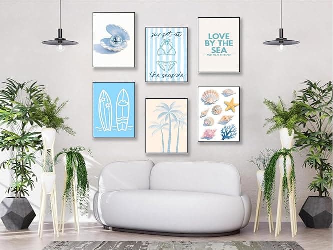 6Pcs Coastal Granddaughter Wall Art Beach Wall Decor Pictures 8inx10in | Blue Shells Bikini Posters Prints Tropical Palm Surfboard painting for Bedroom Dorm Teenage Girls Room Decoration Unframed thumbnail 5