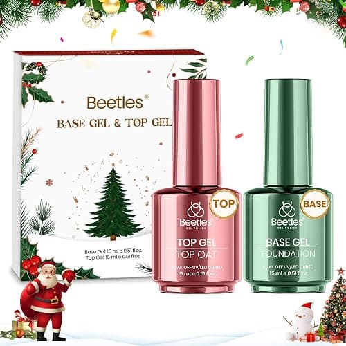 Beetles No Wipe Gel Top Coat and Base Coat Set - Christmas Limited, 2 Pcs 15ml Top Coat Nail Polish & Gel Base Shine Finish Long Lasting, Soak Off LED Lamp Nail Art Design Manicure Gifts for Women - Image 1