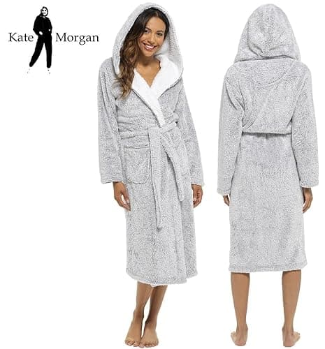 KATE MORGAN Ladies Dressing Gown Fluffy Super Soft Hooded Bathrobe for Women Plush Fleece Perfect Loungewear Long Robe | Gifts for Women thumbnail 3