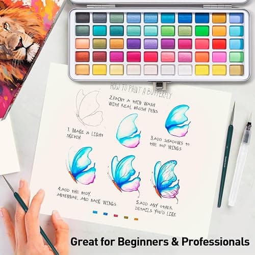 Watercolor Paint Set 100 Colors botkc Travel Water Colors kit with 7 Brushes 8 Watercolor papers Palette set Including Metallic and Accessories Art Supplies Gifts for Kids Artists Teens Adults and Hobbyists thumbnail 2