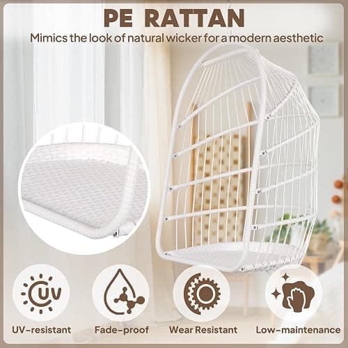 Chihee Egg Chair with Ultra Strong Stand and Cushion Foldable Wicker Rattan Hanging Chair Swing Chair Indoor Outdoor Patio Lounging Chair Hammock Chair 330 lbs Capacity Balcony Porch Bedroom Garden - White thumbnail 4