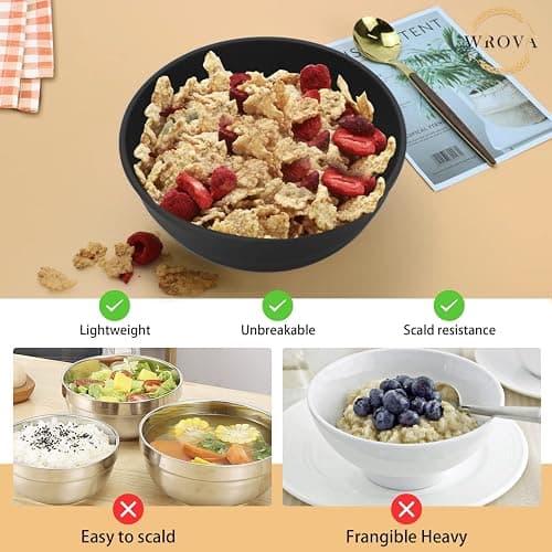 Wrova Wheat Straw Bowls Set 60 OZ Unbreakable Large Cereal Bowls Set of 6 Microwave and Dishwasher Safe Bowls Big Bowls for Camping and Picnic BPA Free Soup Bowl for Serving Oatmeal and Salad. Black thumbnail 5