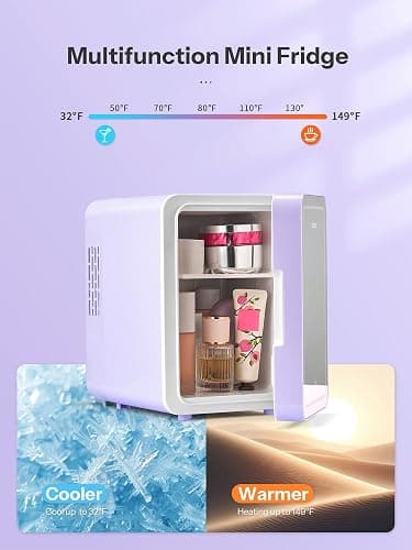 Skincare Fridge, Mini Fridge with Dimmable LED Morror, Makeup Fridge for Bedroom, Car, Office & Dorm, Cooler & Warmer, Portable Small Refrigerator for Cosmetics, Skin Care and Food (Purple, 4L/6Can) thumbnail 4