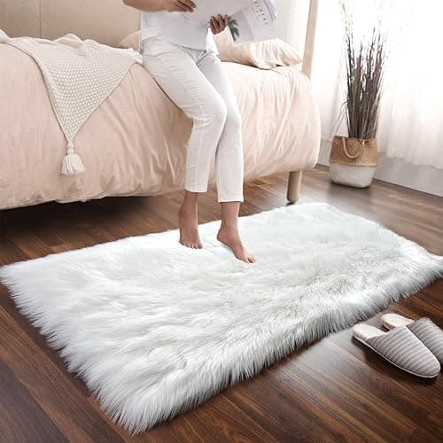Faux Sheepskin Fluffy Rug, Soft White Shag Carpet for Bedroom, Living Room, Kids Room Decor, Non-Slip Runner Rug for Hallway, Cozy Faux Fur Floor Mat　 (White, 2x3Ft) thumbnail 5
