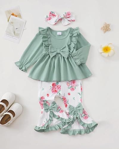 Toddler Baby Girl Clothes Fall/Winter Girls Outfits Ruffle Long Sleeve Tops Floral Flared Pants Girls' Clothing Sets thumbnail 4