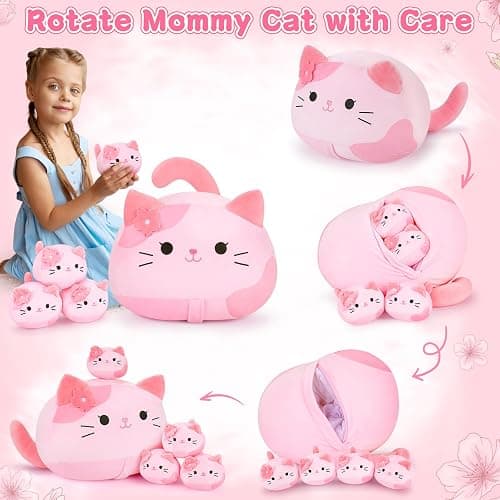 5 PCS Pink Sakura Cat Plush Stuffed Animal Family-19" Soft Pink Sakura Cat Plush, Large Mommy Plushies with 4 Baby Kittens Plushies, Kawaii Plush Toy Christmas Birthday Gifts for Kids Boys Girls thumbnail 3