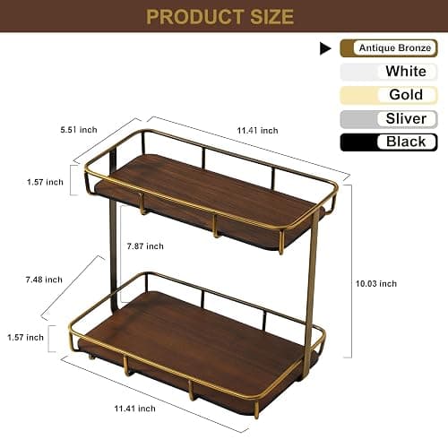 Dobbyby Bathroom Organizer Countertop Perfume Organizer Makeup Organizer Cosmetics Storage Display Rack Vanity Tray Dresser Stainless Steel Gold Shelf Wooden Tray thumbnail 2