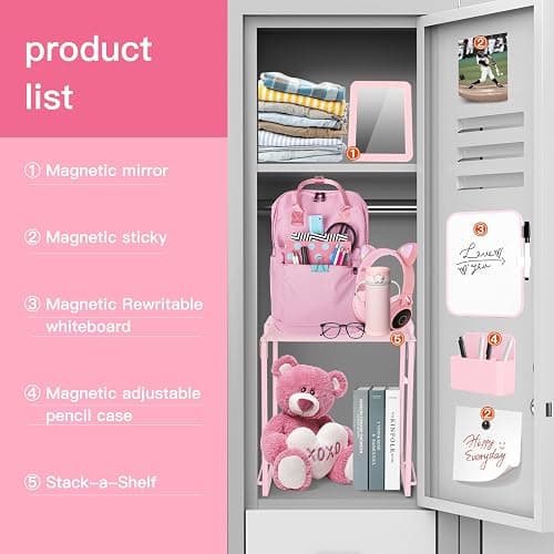 Locker Organizer and Accessories Kit, Includes Metal Locker Shelf, Magnetic Mirror, Pen Holder, Whiteboard, Markers, Magnets, Back to School Essentials Locker Decorations,Office,Gym Lockers (Pink) - Pink thumbnail 4