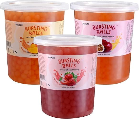BREXONIC Popping Boba Pearls Bursting Tea Balls Drink & Dessert Topping Strawberry Mango Blueberry Passion Fruit Flavored Bubble Tea Tapioca Pearls (Strawberry, Mango, Passion Fruit, 2 LB 3 Pack) - Image 1
