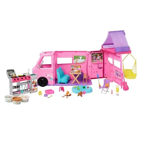 Barbie Dream Camper New for 2025 Playset with Roof Tent, Swing Chair, Fishing Pond, BBQ Grill with Color-Change Feature & 60+ Accessories Including Dough - Image 1