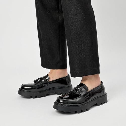Men's Black Patent Leather Platform Loafers Slip-On Dress Shoes with Tassel, Non-Slip Lug Sole Round Toe Penny Formal Shoes for Business Work & Daily thumbnail 2
