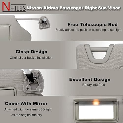 NHILES Driver/Left & Passenger/Right Sun Visor Compatible with Nissan Altima 2013 2014 2015 2016 2017 2018 with Light, Without Sunroof 96401-3TA2A 96400-3TA2A Gray thumbnail 3