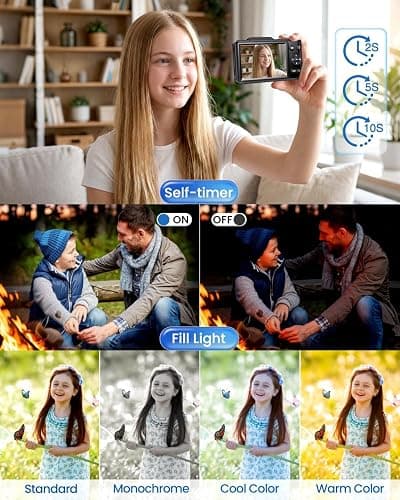 Digital Camera 4K for Kids-48MP Autofocus Vlogging Camera with 32GB Card, 16X Zoom, Anti-Shake, Compact Point and Shoot Camera for Teens Beginners, Birthday Gift Black thumbnail 6