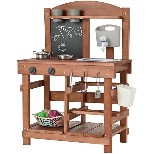 Homman Kids Mud Kitchen Outdoor 23.6in, Wooden Play Kitchen with Sink & Stove, Utensils, Mud Kitchen for Kids Outdoor - Image 1