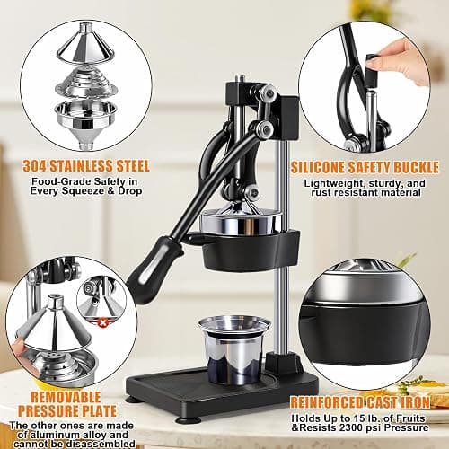 Manual Cast Iron Citrus Juicer,Commercial Hand Press,Heavy Duty Countertop Squeezer for Fresh Orange Lemon Juice,Stable When Pressed,Easy to Use & Clean (black) thumbnail 3