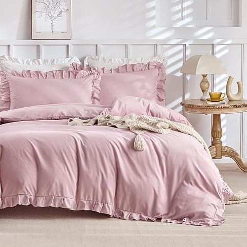 Lekesky Ruffle Duvet Cover Queen Size, Farmhouse Shabby Chic 3 Pieces Washed Microfiber Pink Girls Bedding Set, Soft Aesthetic Queen Comforter Cover with Ruffled Edges, Zipper & Corner Ties thumbnail 3