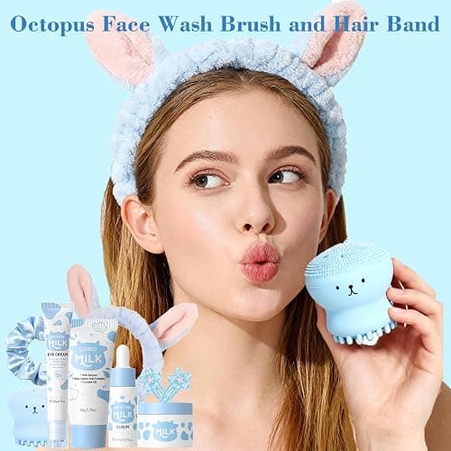 9PCS Milk Skin Care Sets & Kits for Teenage Girls-Moisturizing and Hydrating Skincare Sets- Facial Cleansing Brush & Cleanser, Serum, Face & Eye Cream, Hair Clip&Tie,Complete Gift Sets for Women thumbnail 3