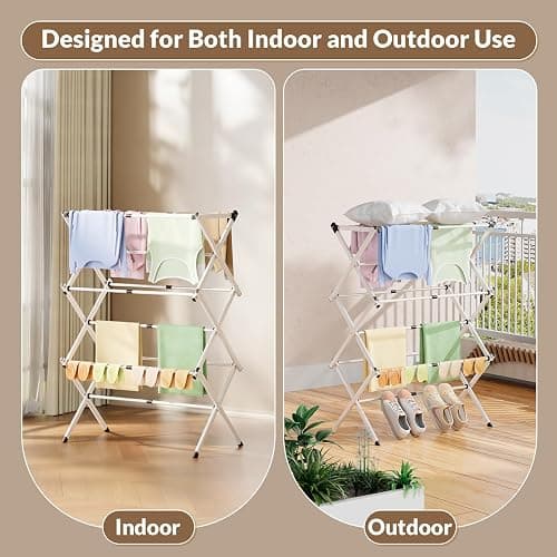 CEHIFIA Foldable Clothes Drying Rack - 3-Tier Laundry Drying Rack, Collapsible Metal Indoor Airer, Portable X-Type Clothing Dryer with Shoe Hanger for Home & Balcony (No Assembly Required) thumbnail 5