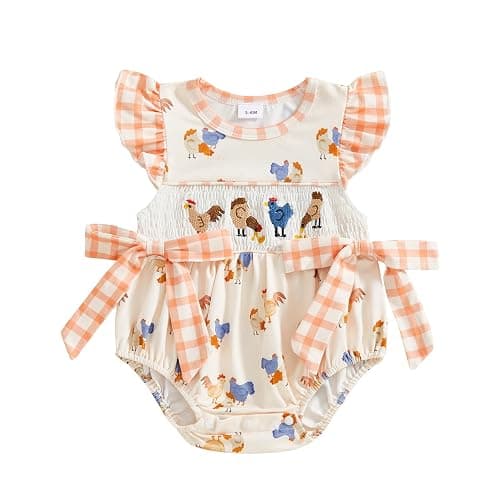 SAYOO Newborn Baby Girl Farm Clothes Chicken Embroidey Bubble Smocked Romper Plaid Bowknot Western Country Bodysuit Shirt - Image 1