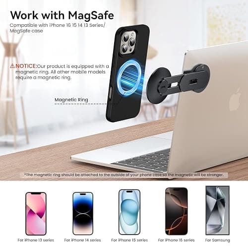 MAGDIGITEH Laptop Phone Holder, Magnetic Phone Stand 15W Fast Wireless Charger for MagSafe for iPhone 17/16/15/14/13/12 & All Phones for Tesla (Black) thumbnail 3