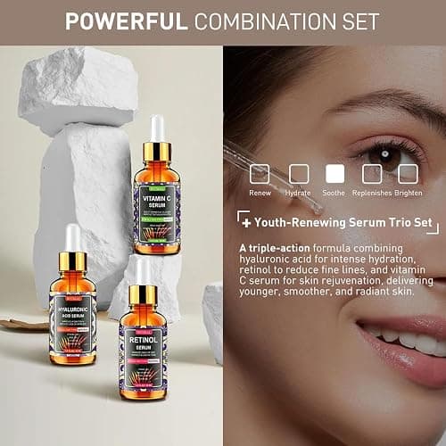 Wumal 3 Pack Face Serum Set - Includes Vitamin C, Retinol & Hyaluronic Acid - Firming, Brightening & Hydrating - Reset Your Skin Day and Night thumbnail 2