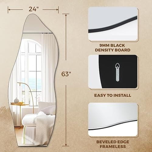 QDSSDECO Full Length Mirror 63"x24" Irregular Wall Mirror Wave Frameless for Living Room Bathroom Bedroom Entryway Decor thumbnail 2
